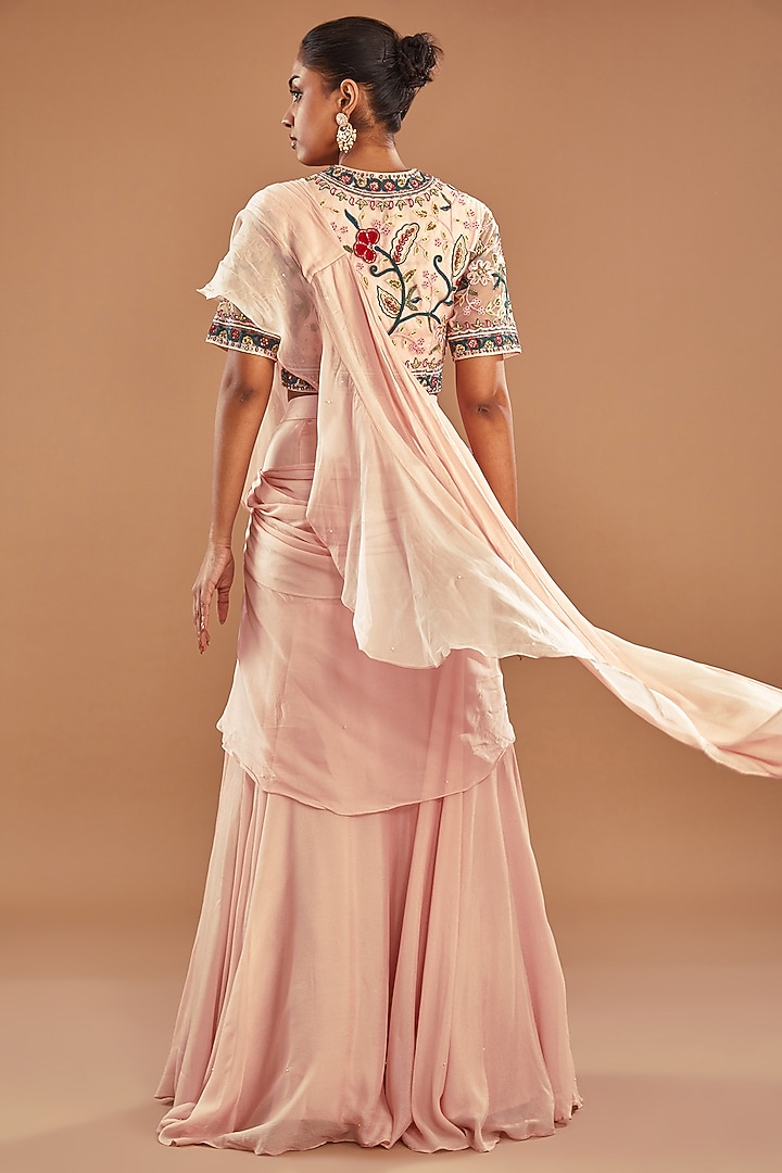 Baby Pink Chinon Georgette Draped Wedding Lehenga Saree Set by Baidehi at Pernia's Pop Up Shop