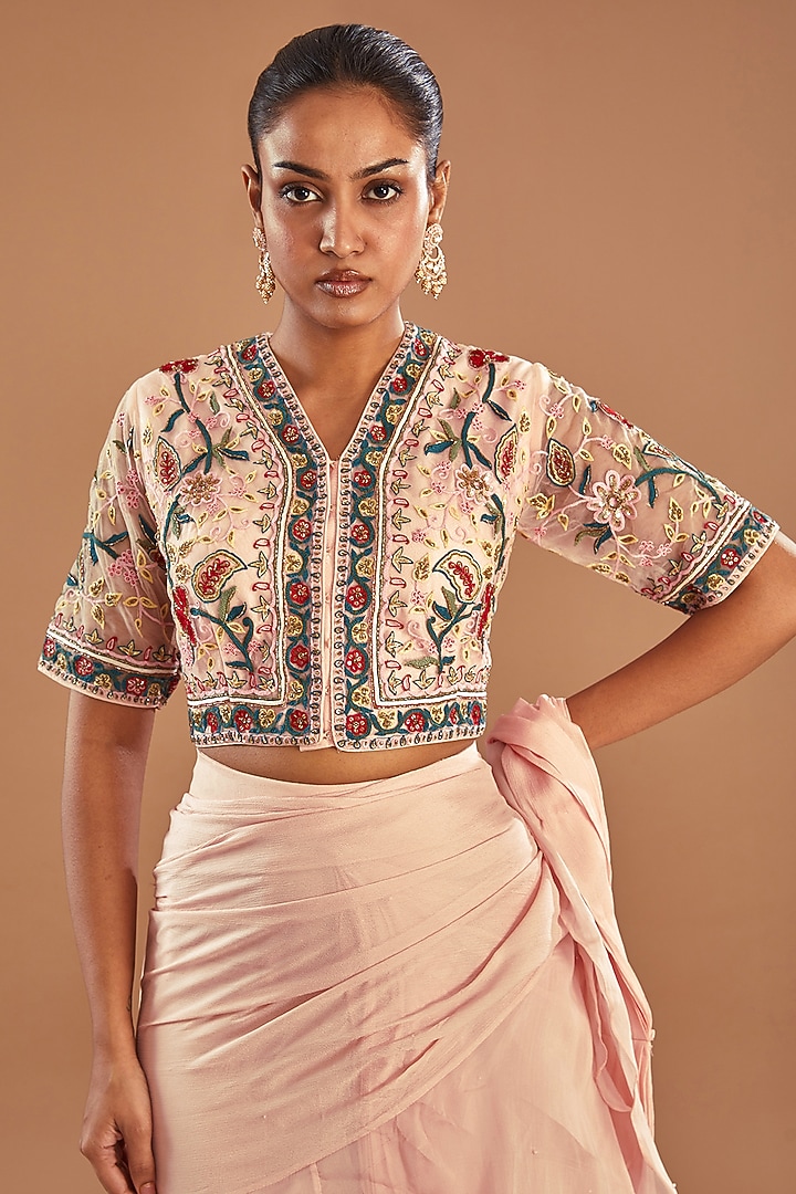 Baby Pink Chinon Georgette Draped Wedding Lehenga Saree Set by Baidehi at Pernia's Pop Up Shop