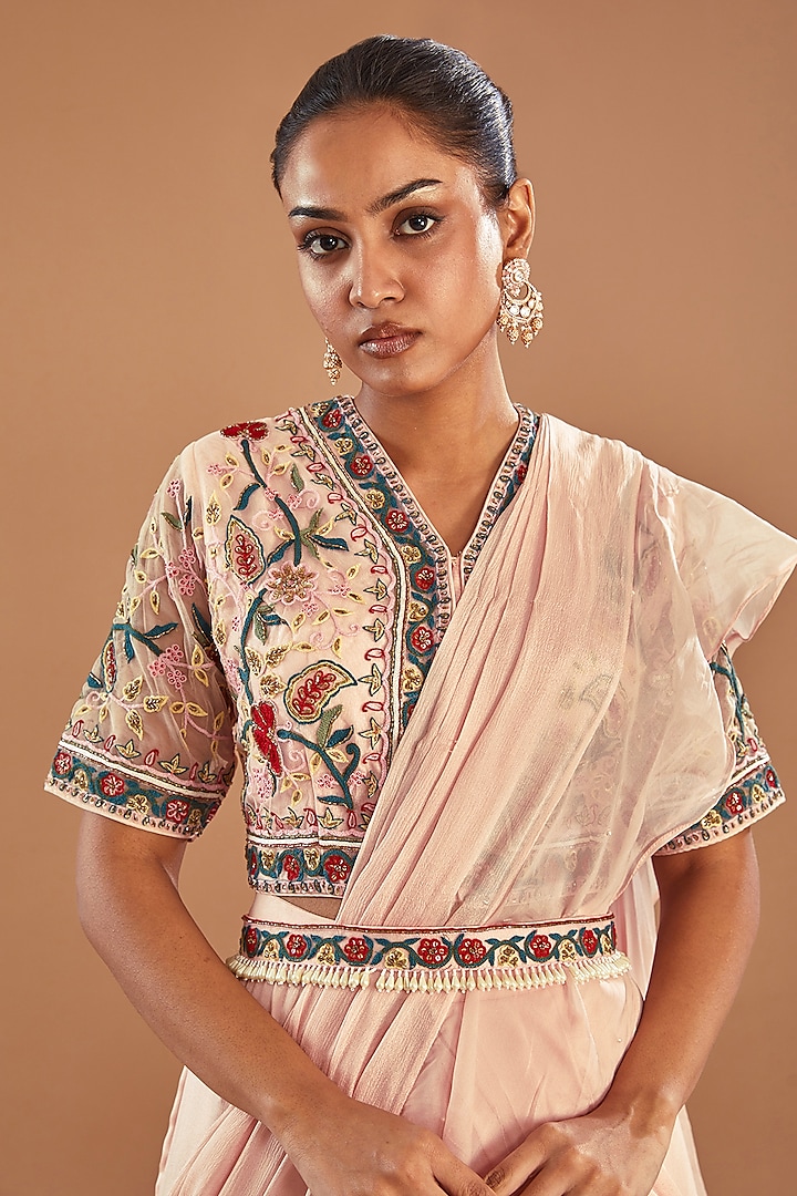 Baby Pink Chinon Georgette Draped Wedding Lehenga Saree Set by Baidehi at Pernia's Pop Up Shop