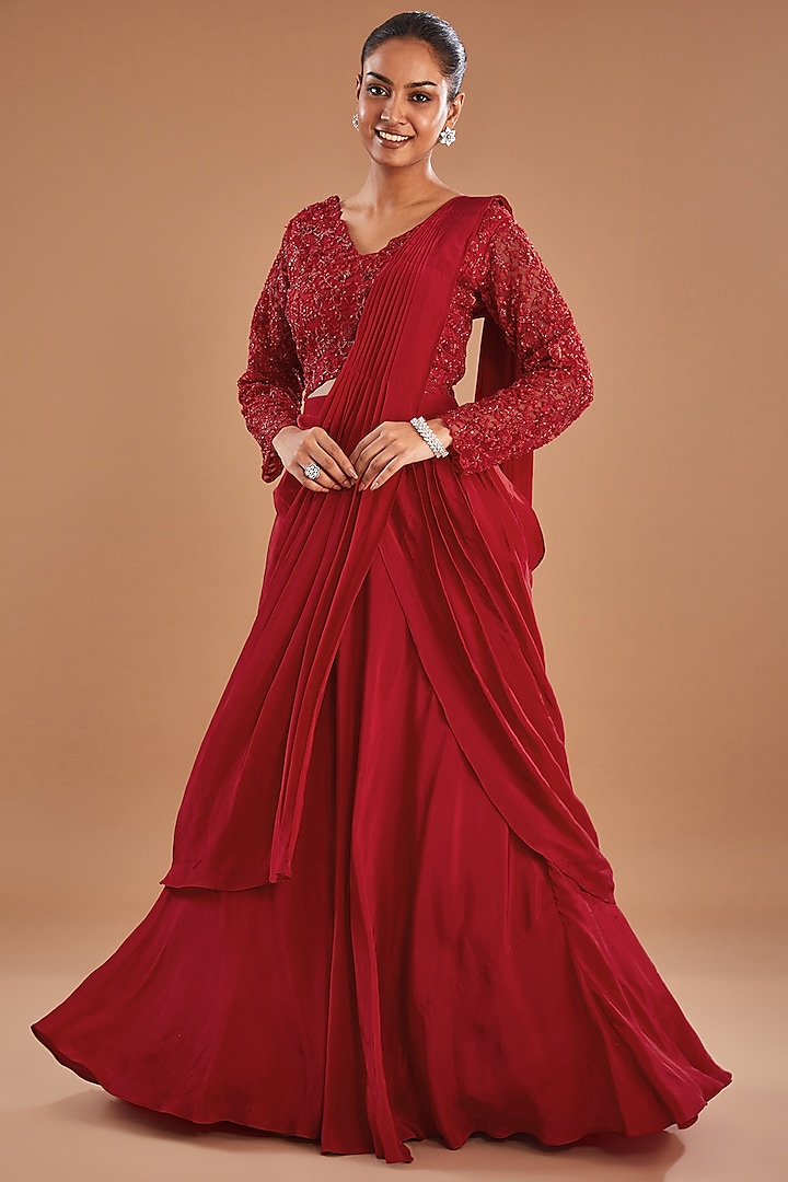 Red Crepe Draped Lehenga Saree Set by Baidehi at Pernia's Pop Up Shop