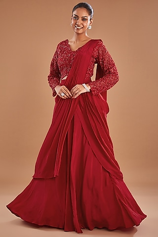 Red Crepe Draped Lehenga Saree Set by Baidehi