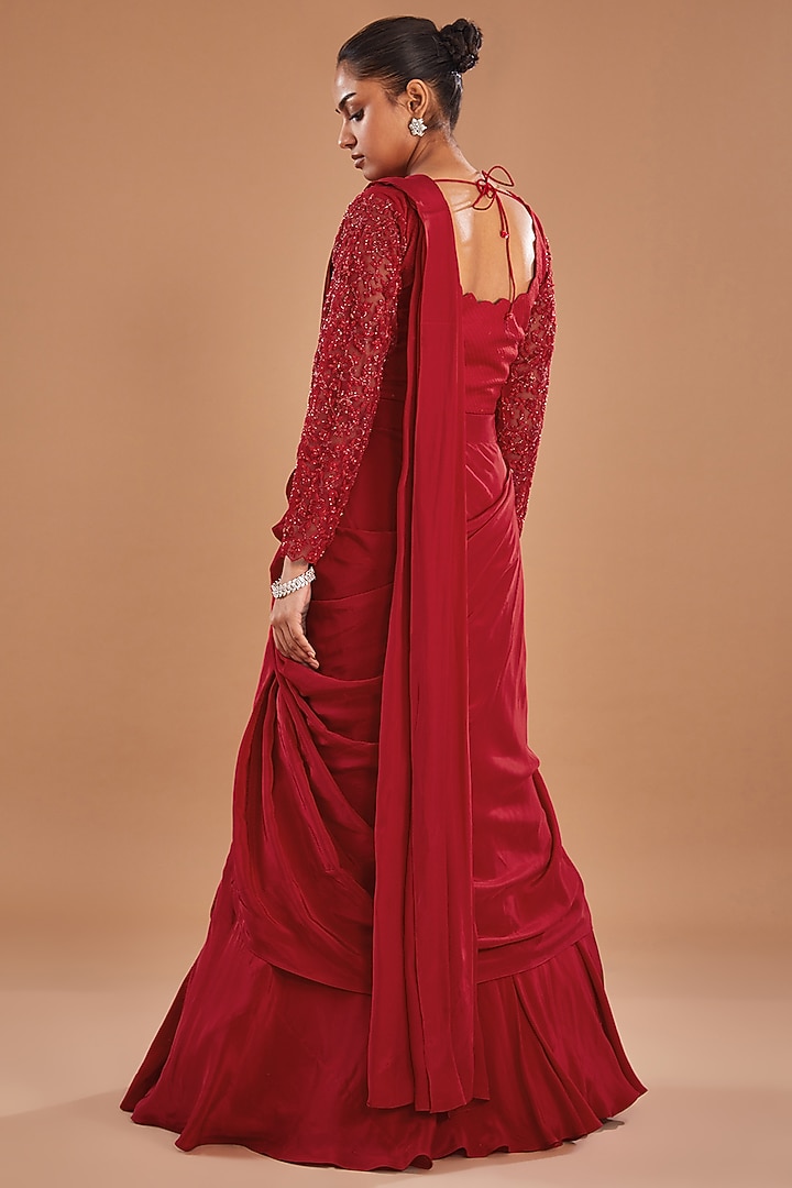 Red Crepe Draped Wedding Lehenga Saree Set by Baidehi at Pernia's Pop Up Shop