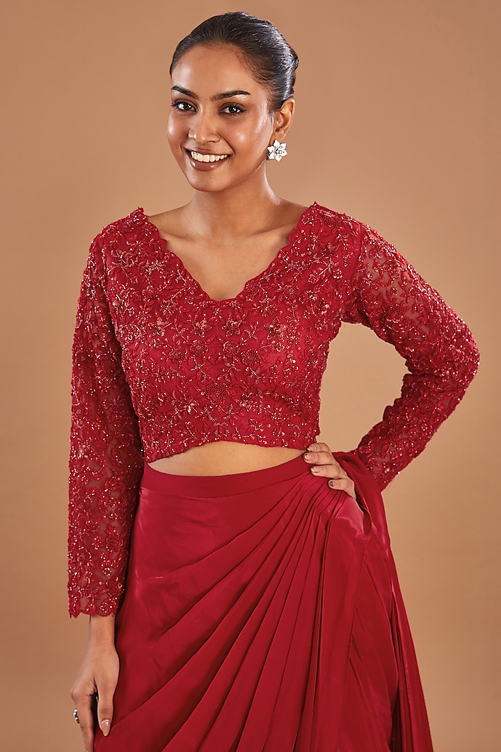 Red Crepe Draped Wedding Lehenga Saree Set by Baidehi at Pernia's Pop Up Shop