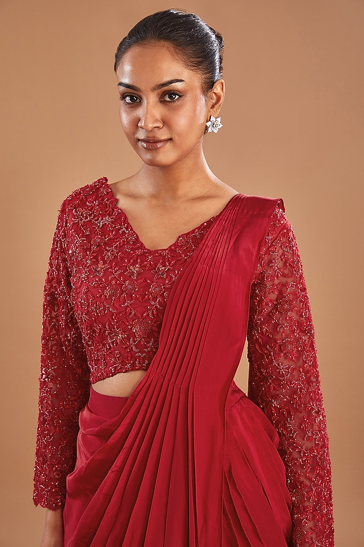 Red Crepe Draped Wedding Lehenga Saree Set by Baidehi at Pernia's Pop Up Shop