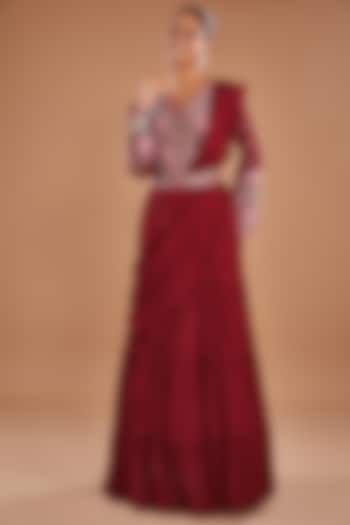 Red Chinon Georgette Draped Wedding Gown Saree by Baidehi at Pernia's Pop Up Shop