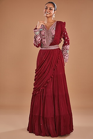Red Chinon Georgette Draped Gown Saree by Baidehi