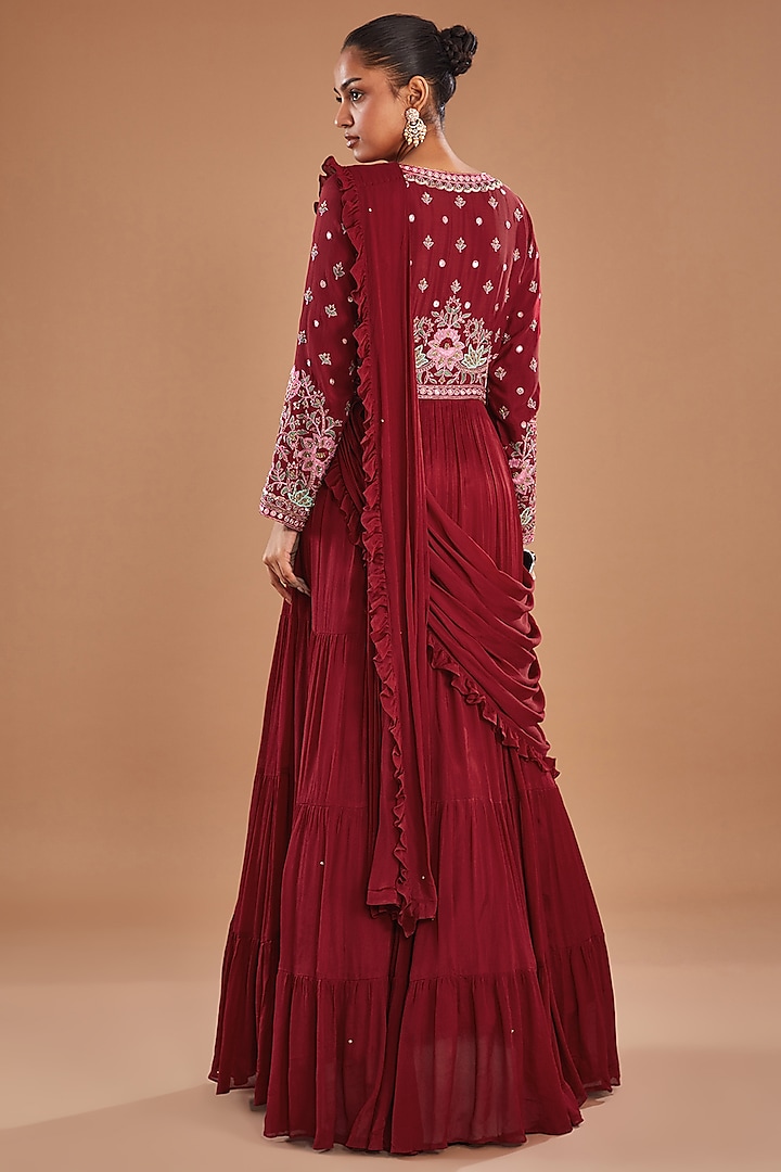 Red Chinon Georgette Draped Wedding Gown Saree by Baidehi at Pernia's Pop Up Shop