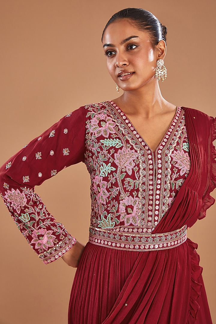 Red Chinon Georgette Draped Wedding Gown Saree by Baidehi at Pernia's Pop Up Shop
