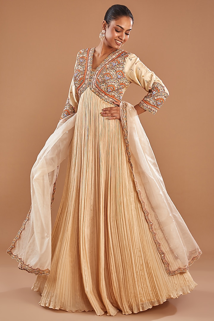 Beige Bemberg Silk & Georgette Floral Embroidered Anarkali Set by Baidehi