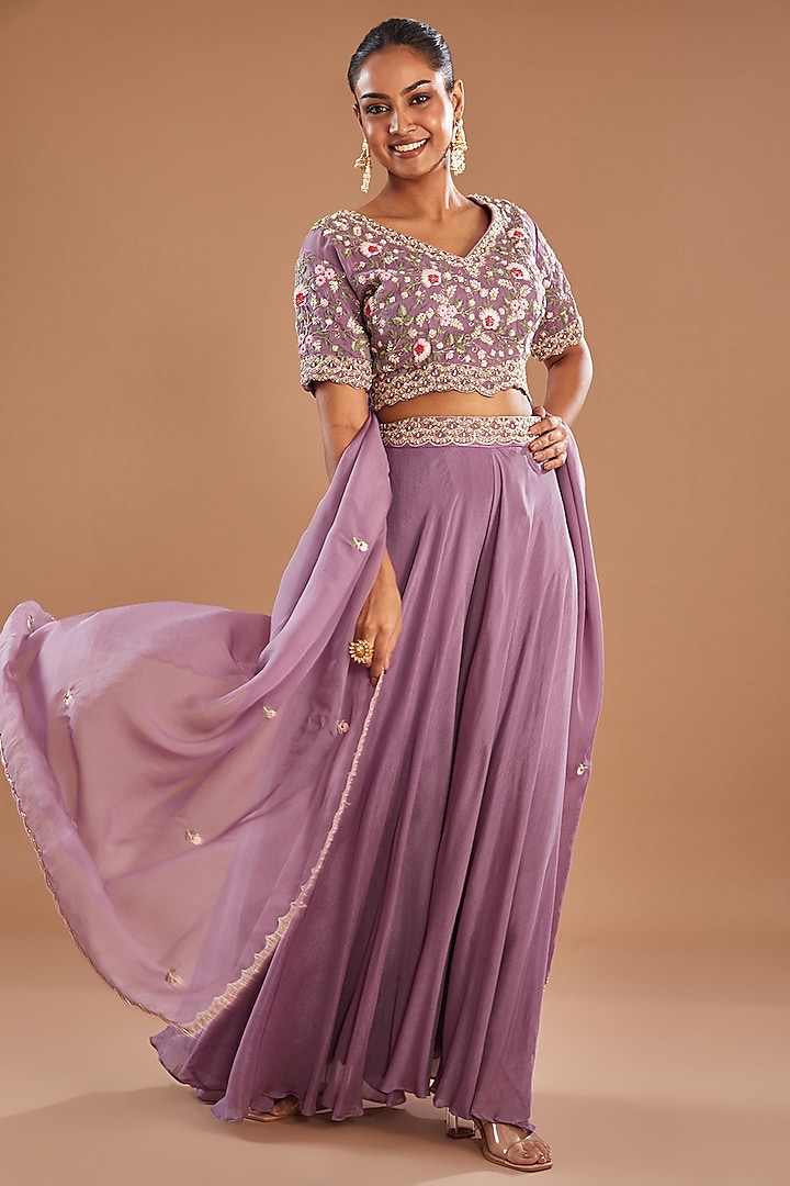 Deep Lilac Chinon Georgette Palazzo Set by Baidehi at Pernia's Pop Up Shop