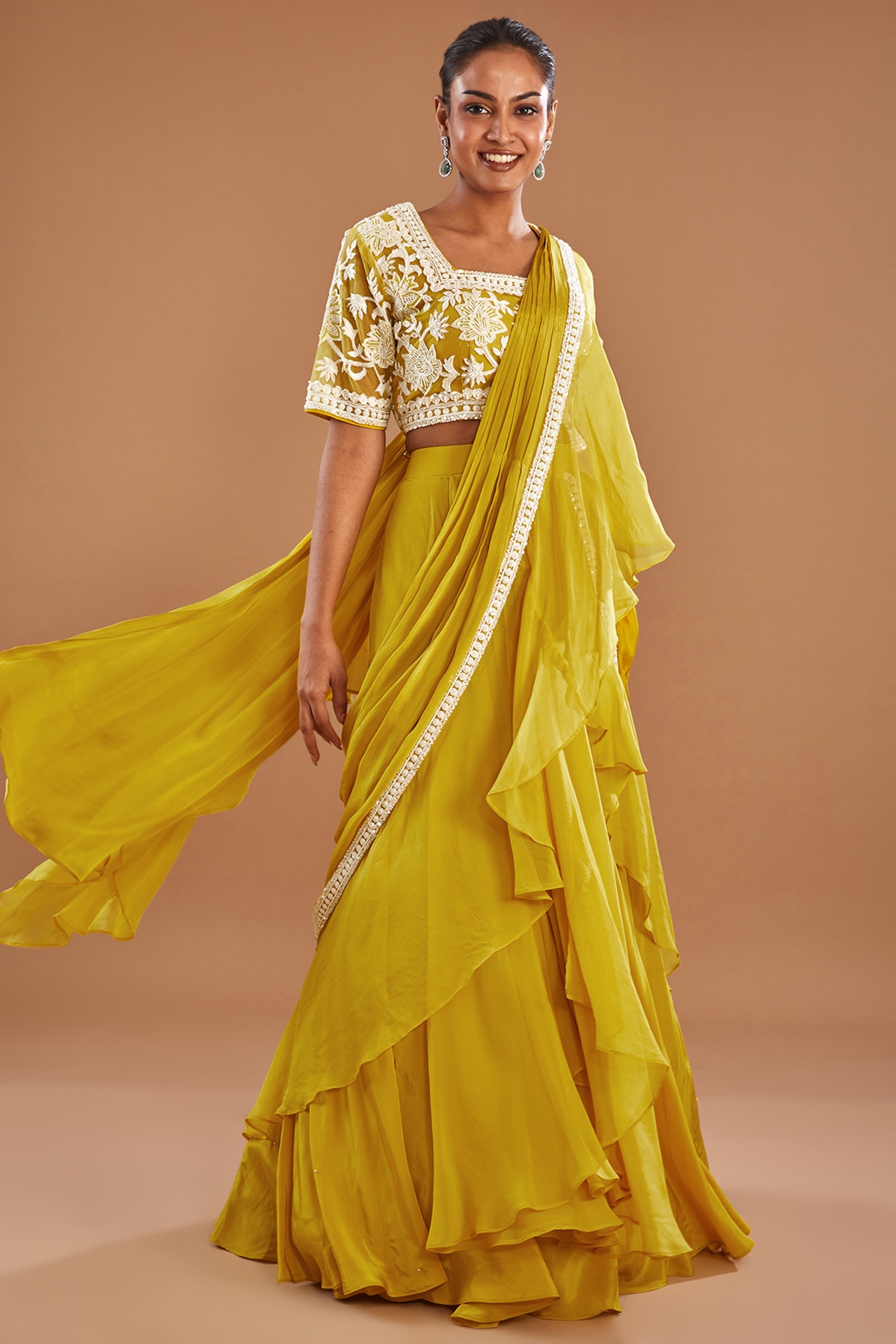 Yellow Georgette & Upada Silk Embroidered Lehenga Saree Set Design by  NITISHA KASHYAP at Pernia's Pop Up Shop 2024