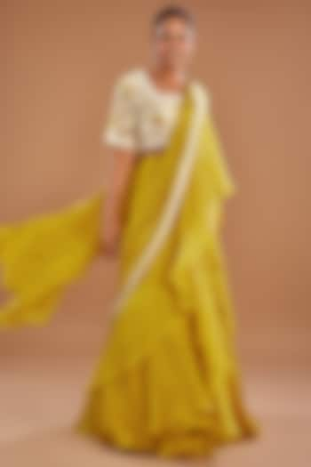 Mustard Organza & Chinon Georgette Draped Lehenga Saree Set by Baidehi at Pernia's Pop Up Shop