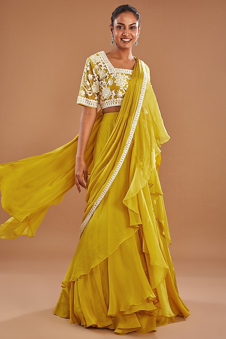 Mustard Organza & Chinon Georgette Draped Lehenga Saree Set by Baidehi at Pernia's Pop Up Shop