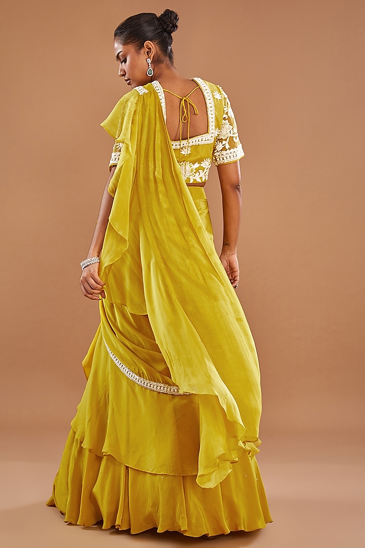 Mustard Organza & Chinon Georgette Draped Wedding Lehenga Saree Set by Baidehi at Pernia's Pop Up Shop