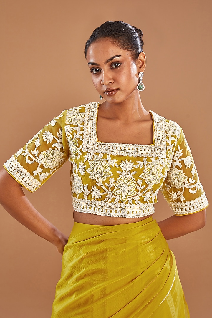 Mustard Organza & Chinon Georgette Draped Wedding Lehenga Saree Set by Baidehi at Pernia's Pop Up Shop