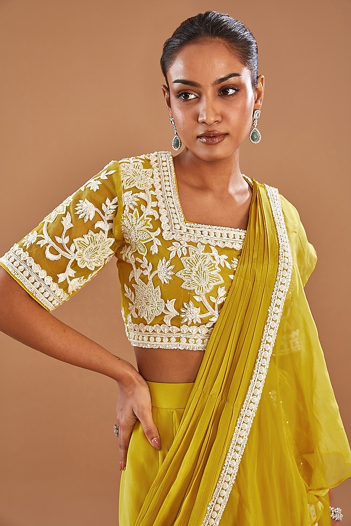 Mustard Organza & Chinon Georgette Draped Wedding Lehenga Saree Set by Baidehi at Pernia's Pop Up Shop