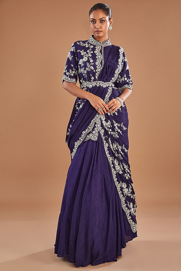 Indigo Crepe & Bemberg Silk Sequins Embroidered Draped Gown Saree by Baidehi