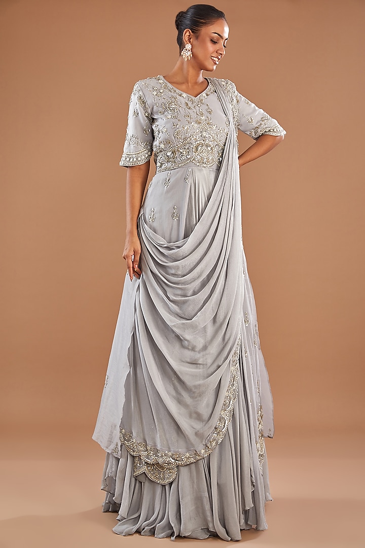 Grey Organza & Chinon Georgette Sequins Embroidered Draped Gown Saree by Baidehi at Pernia's Pop Up Shop