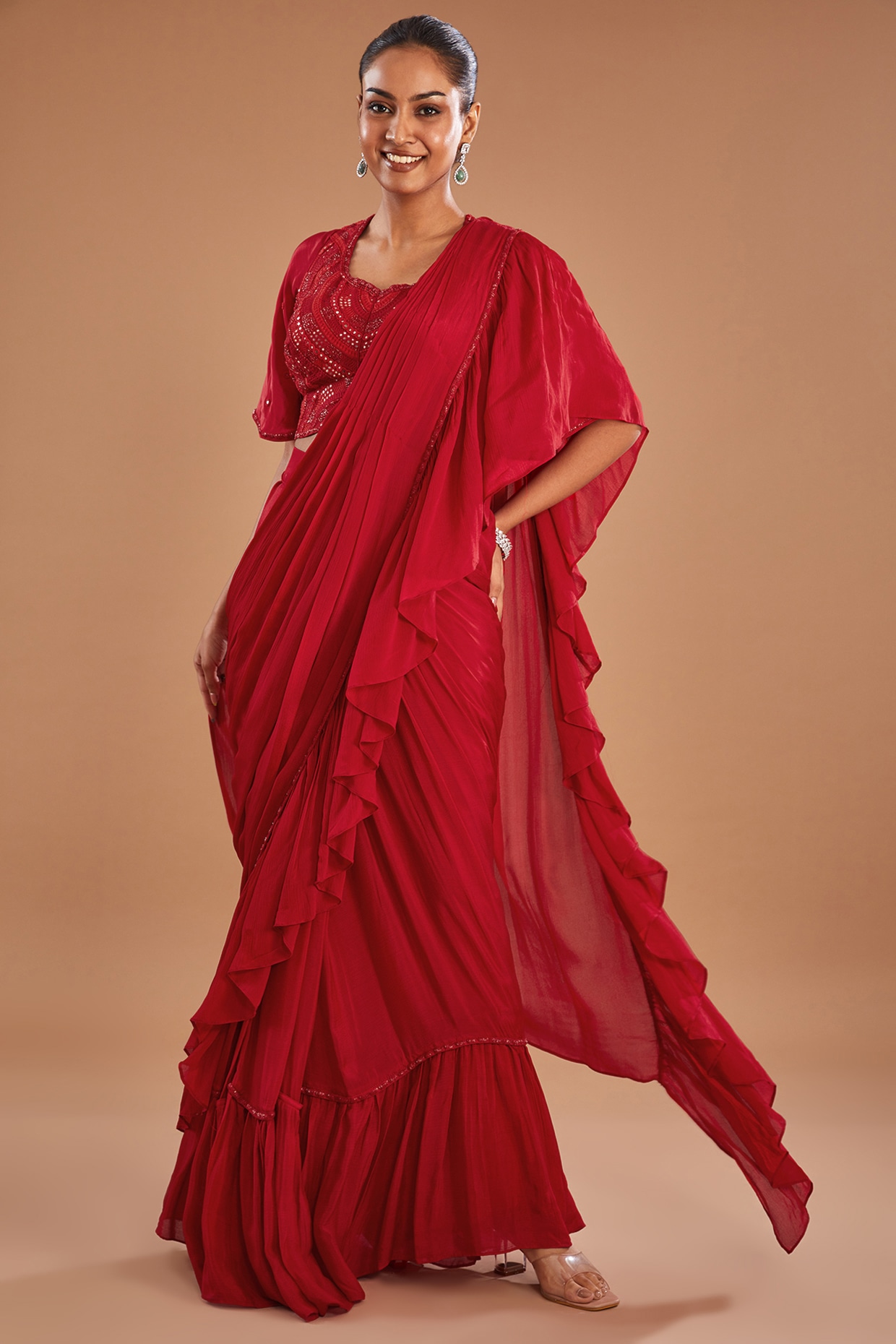 Maroon Fine Embroiderey Drape Saree at Best Price in Delhi | Rajesh Jain &  Sons