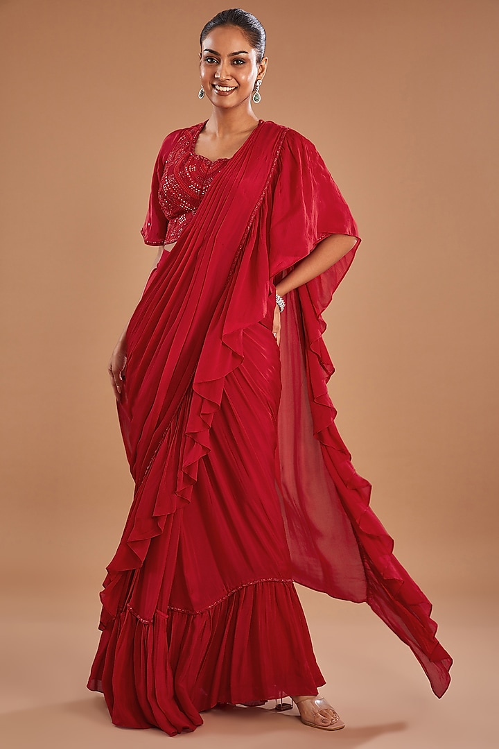 Red Chinon Georgette Draped Ruffled Wedding Saree Set by Baidehi at Pernia's Pop Up Shop