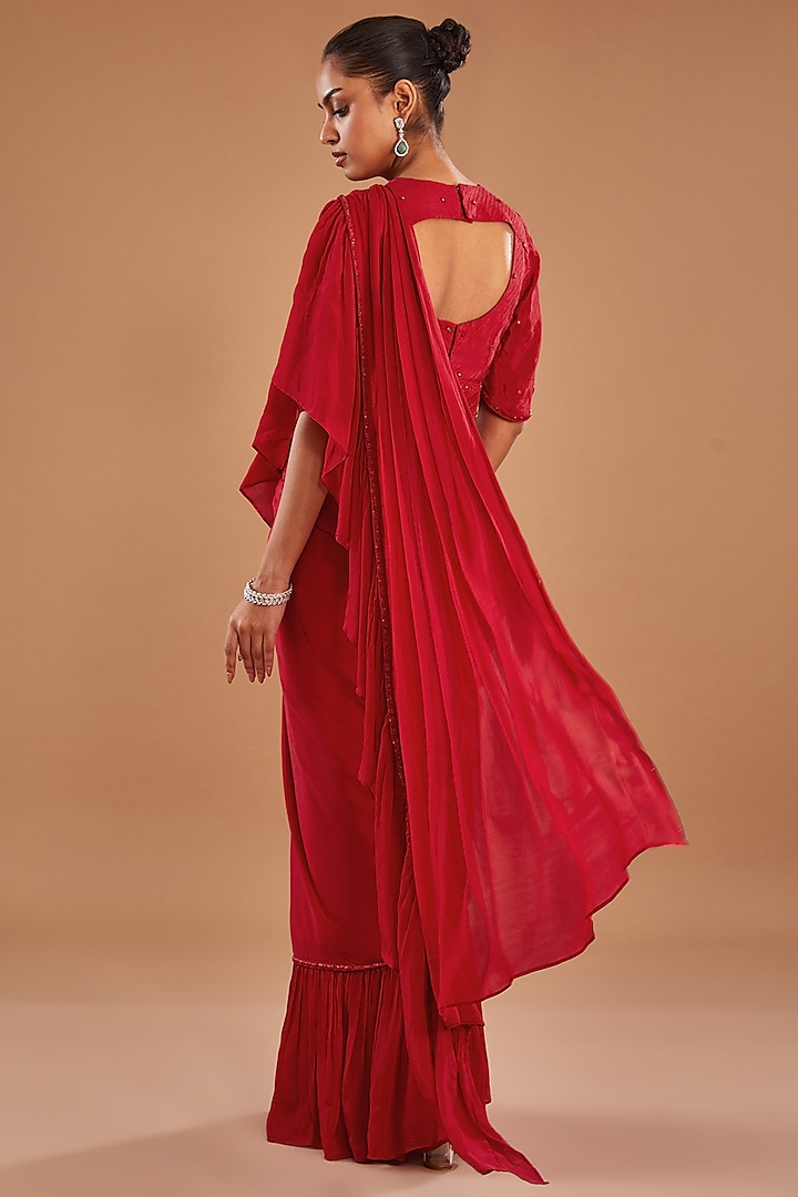 Red Chinon Georgette Draped Ruffled Wedding Saree Set by Baidehi at Pernia's Pop Up Shop