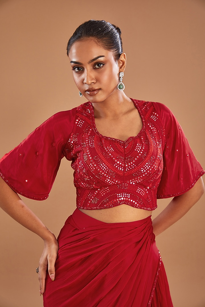 Red Chinon Georgette Draped Ruffled Wedding Saree Set by Baidehi at Pernia's Pop Up Shop