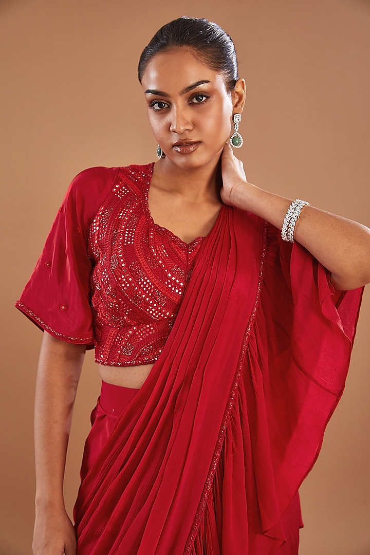 Red Chinon Georgette Draped Ruffled Wedding Saree Set by Baidehi at Pernia's Pop Up Shop
