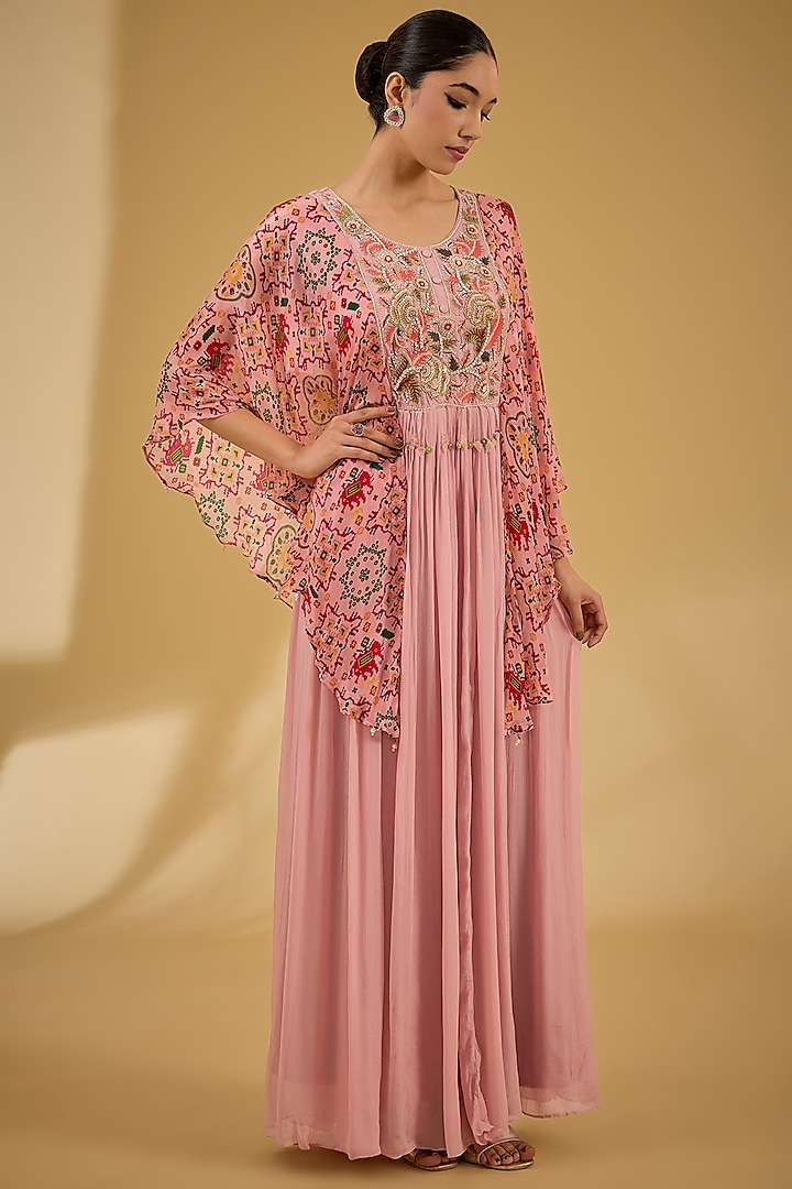 Pink Chinon Georgette Floral Printed & Thread Embroidered Gown by Baidehi at Pernia's Pop Up Shop