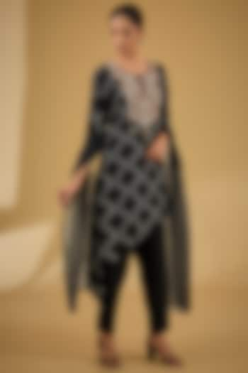 Black Dupion Silk Printed & Embroidered Asymmetric Kurta Set by Baidehi at Pernia's Pop Up Shop