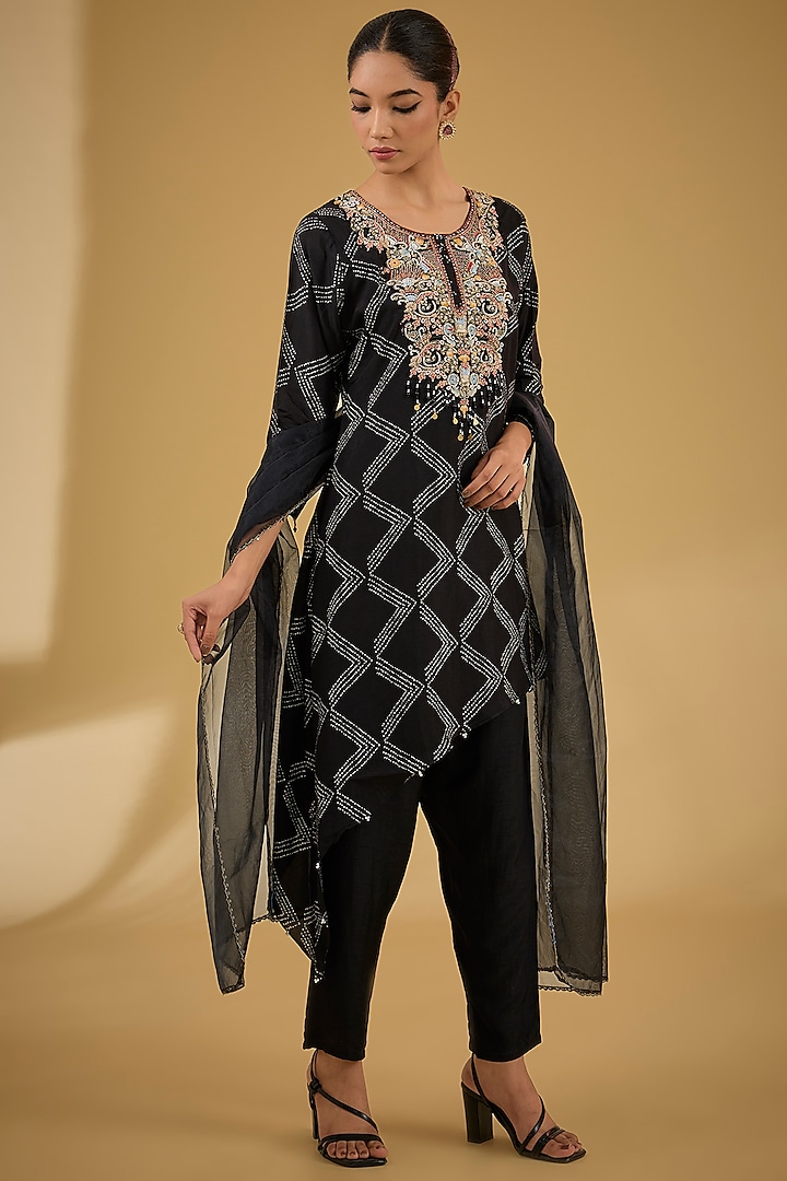 Black Dupion Silk Printed & Embroidered Asymmetric Kurta Set by Baidehi at Pernia's Pop Up Shop