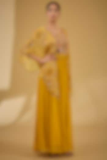 Mustard Chinon Georgette Digital Printed & Thread Embroidered Gown by Baidehi at Pernia's Pop Up Shop