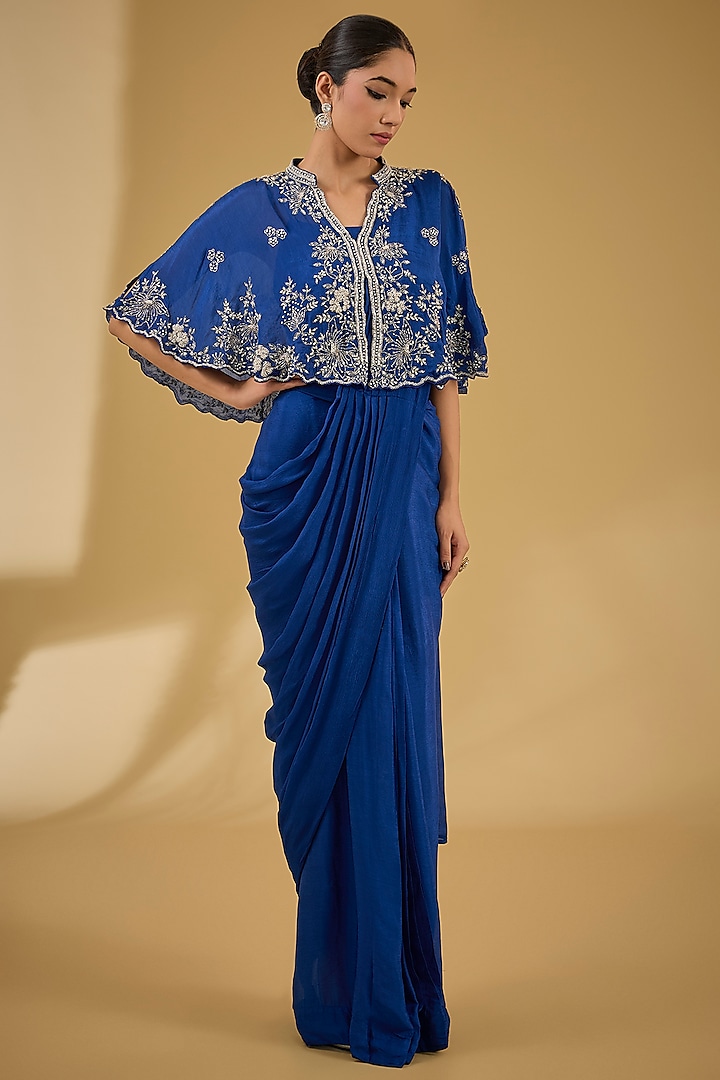 English Blue Chinon Georgette Cutdana Embellished Pre-Stitched Jacket Saree Set by Baidehi at Pernia's Pop Up Shop