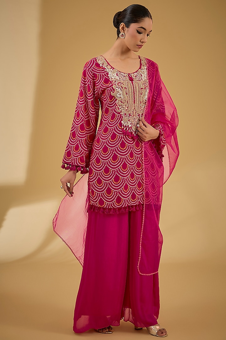 Fuchsia Soft Georgette Bandhej Printed & Dabka Work Kurta Set by Baidehi at Pernia's Pop Up Shop