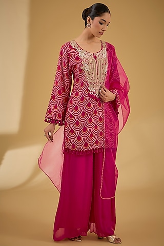 Fuchsia Soft Georgette Bandhej Printed & Dabka Work Kurta Set by Baidehi