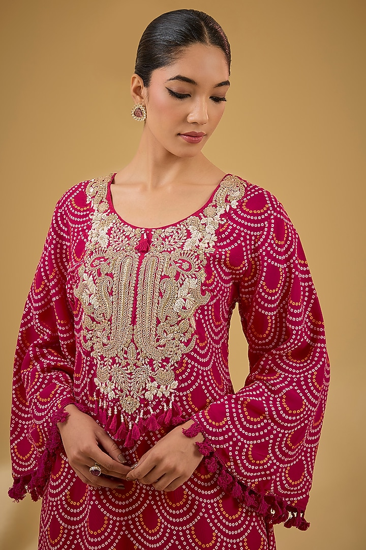 Fuchsia Soft Georgette Bandhej Printed & Dabka Work Kurta Set by Baidehi at Pernia's Pop Up Shop