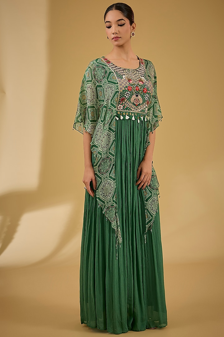 Green Chinon Georgette Digital Printed & Thread Embroidered Gown by Baidehi at Pernia's Pop Up Shop