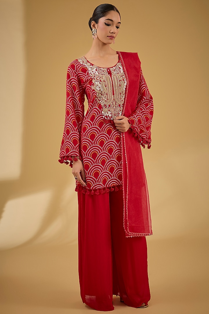 Red Soft Georgette Bandhej Printed & Dabka Work Kurta Set by Baidehi at Pernia's Pop Up Shop