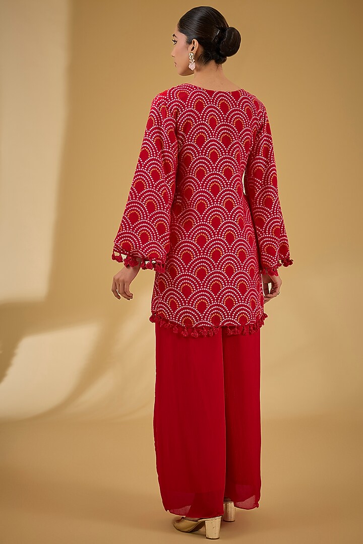Red Soft Georgette Bandhej Printed & Dabka Work Kurta Set by Baidehi at Pernia's Pop Up Shop