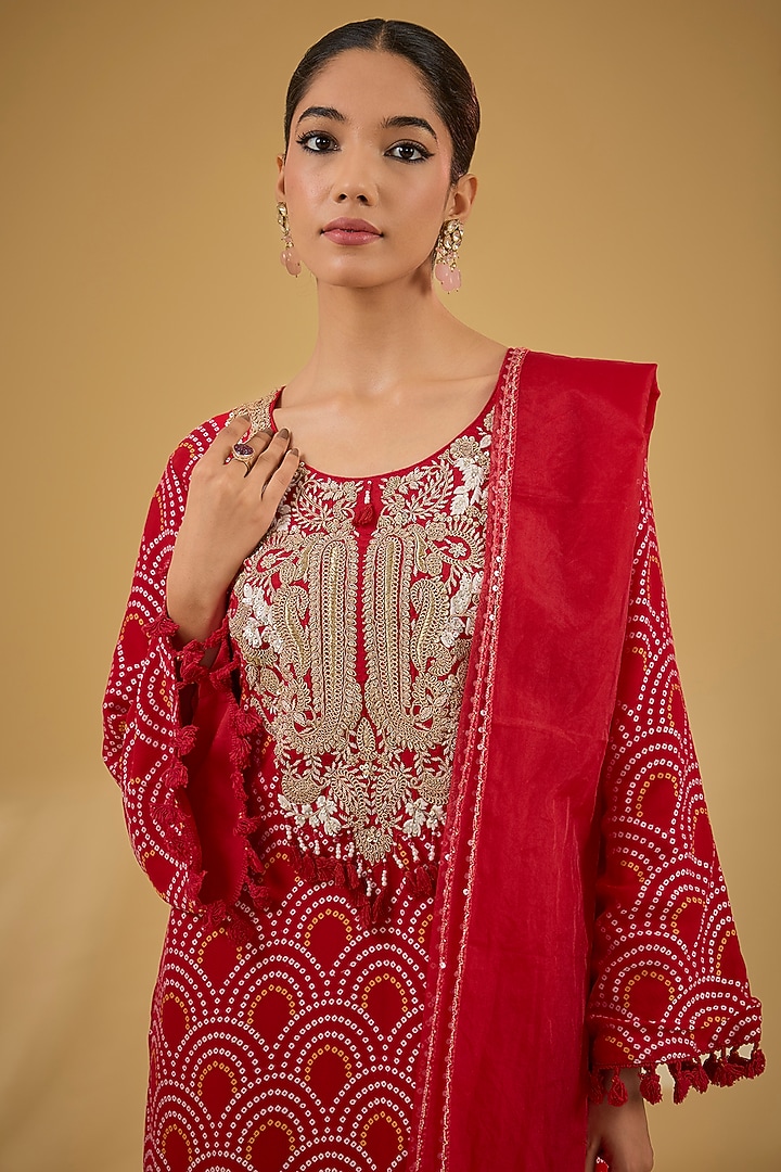 Red Soft Georgette Bandhej Printed & Dabka Work Kurta Set by Baidehi at Pernia's Pop Up Shop