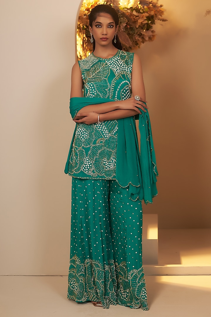 Turquoise Green Chinon Georgette Floral Motif Embroidered Sharara Set by Baidehi at Pernia's Pop Up Shop