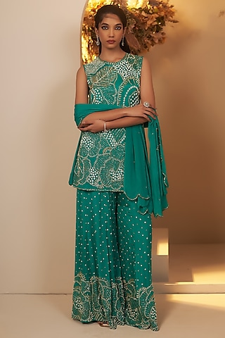 Turquoise Green Chinon Georgette Floral Motif Embroidered Sharara Set by Baidehi