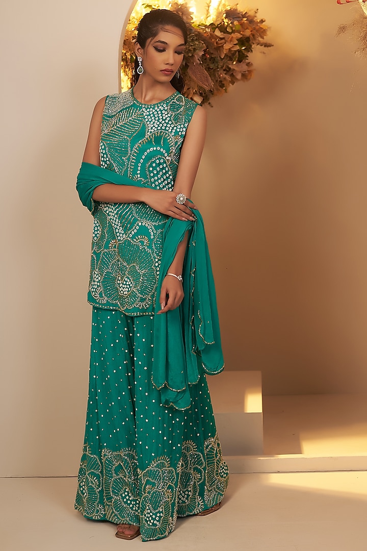 Turquoise Green Chinon Georgette Floral Motif Embroidered Wedding Sharara Set by Baidehi at Pernia's Pop Up Shop