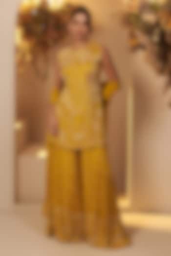 Mustard Yellow Chinon Georgette Floral Motif Embroidered Wedding Sharara Set by Baidehi at Pernia's Pop Up Shop