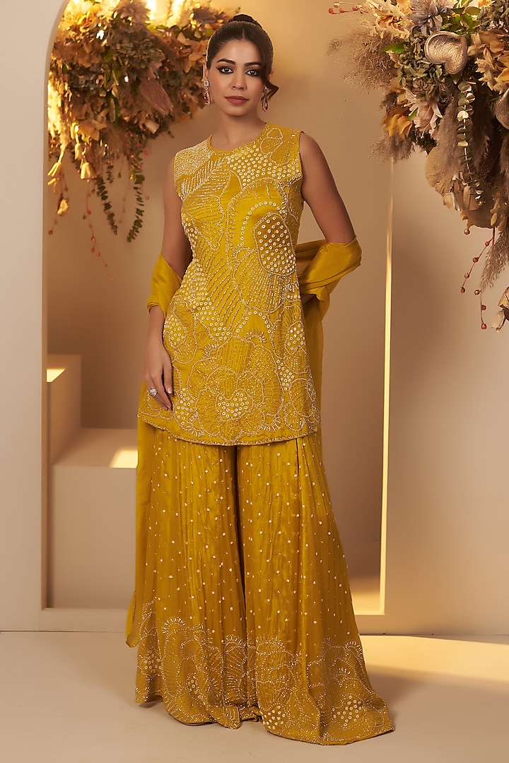 Mustard Yellow Chinon Georgette Floral Motif Embroidered Wedding Sharara Set by Baidehi at Pernia's Pop Up Shop