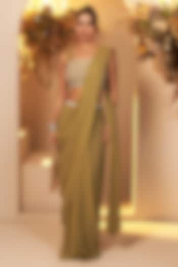 Sage Green Georgette Cutdana Embroidered Draped Saree Set by Baidehi at Pernia's Pop Up Shop