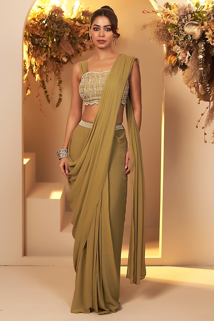 Sage Green Georgette Cutdana Embroidered Draped Saree Set by Baidehi at Pernia's Pop Up Shop