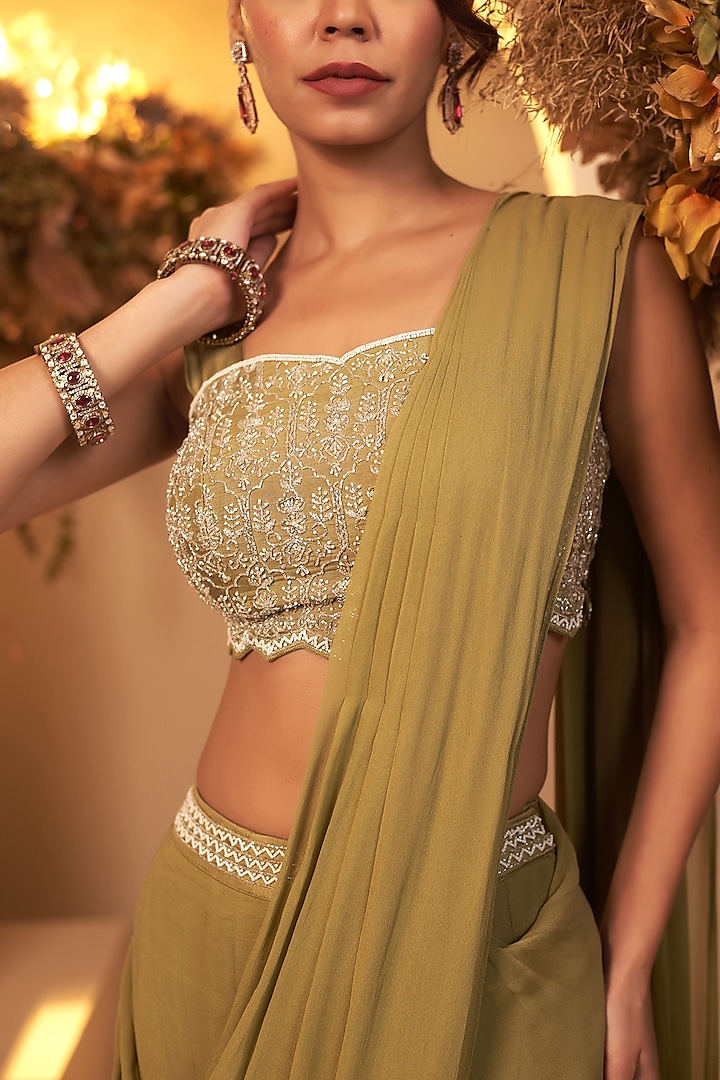 Sage Green Georgette Cutdana Embroidered Draped Party Wear Saree Set by Baidehi at Pernia's Pop Up Shop