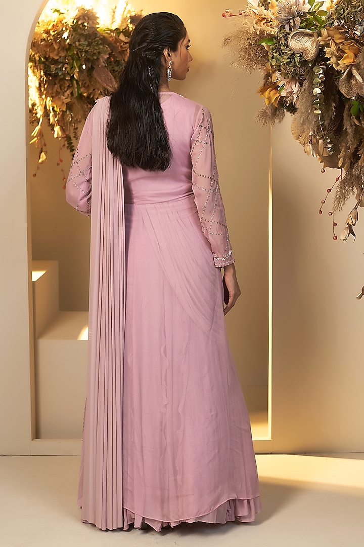 Lavender Chinon Georgette & Lycra Embroidered Wedding Gown Saree Set by Baidehi at Pernia's Pop Up Shop