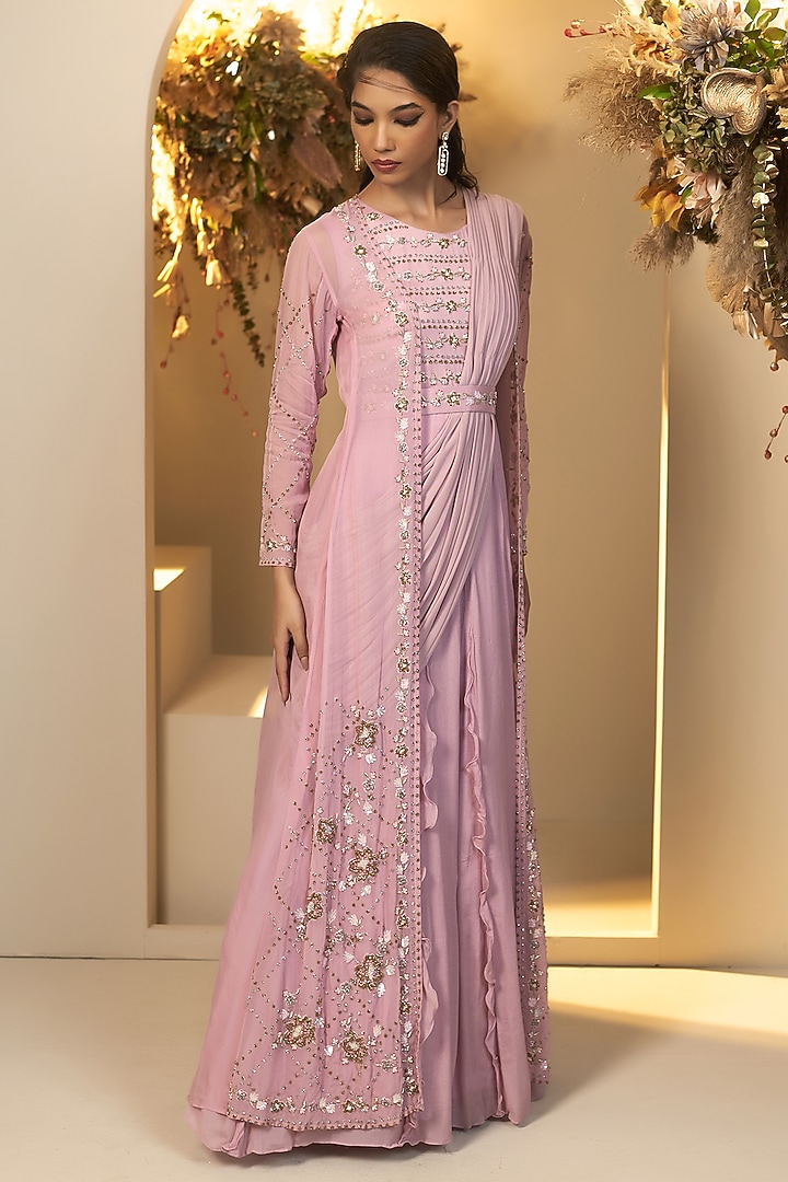 Lavender Chinon Georgette & Lycra Embroidered Wedding Gown Saree Set by Baidehi at Pernia's Pop Up Shop