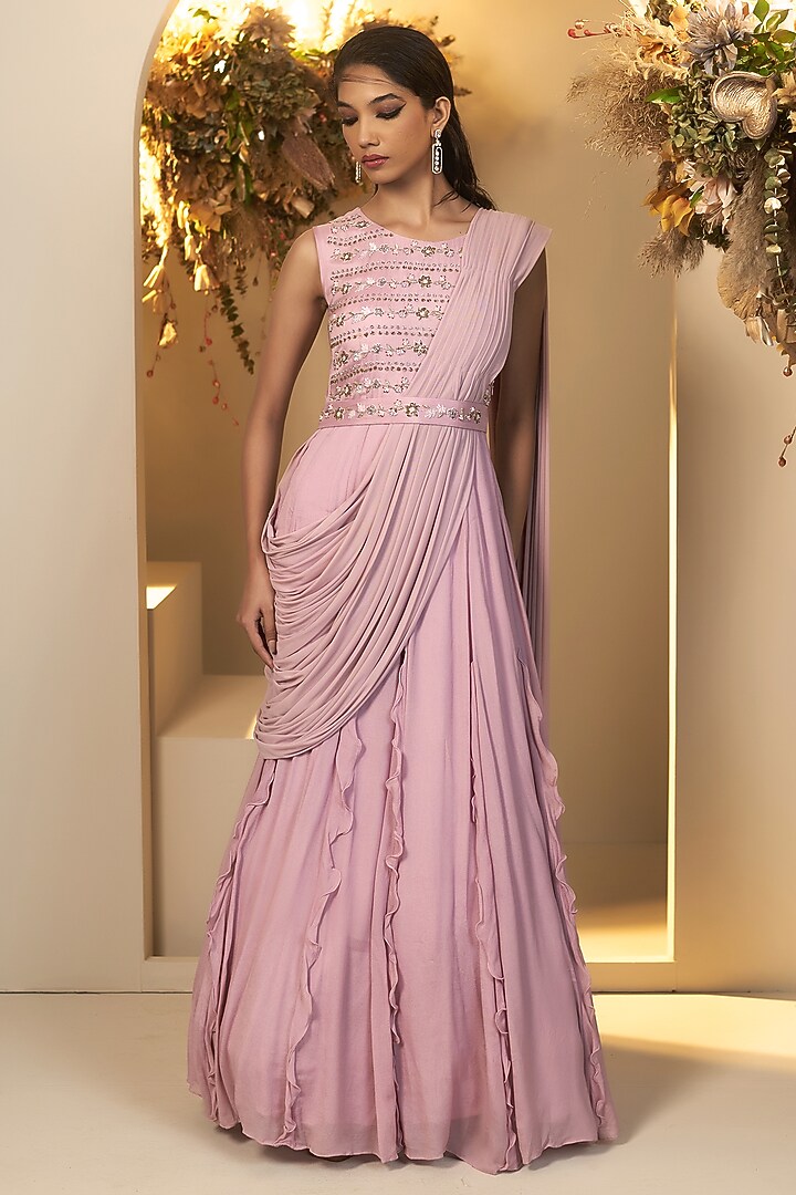 Lavender Chinon Georgette & Lycra Embroidered Wedding Gown Saree Set by Baidehi at Pernia's Pop Up Shop